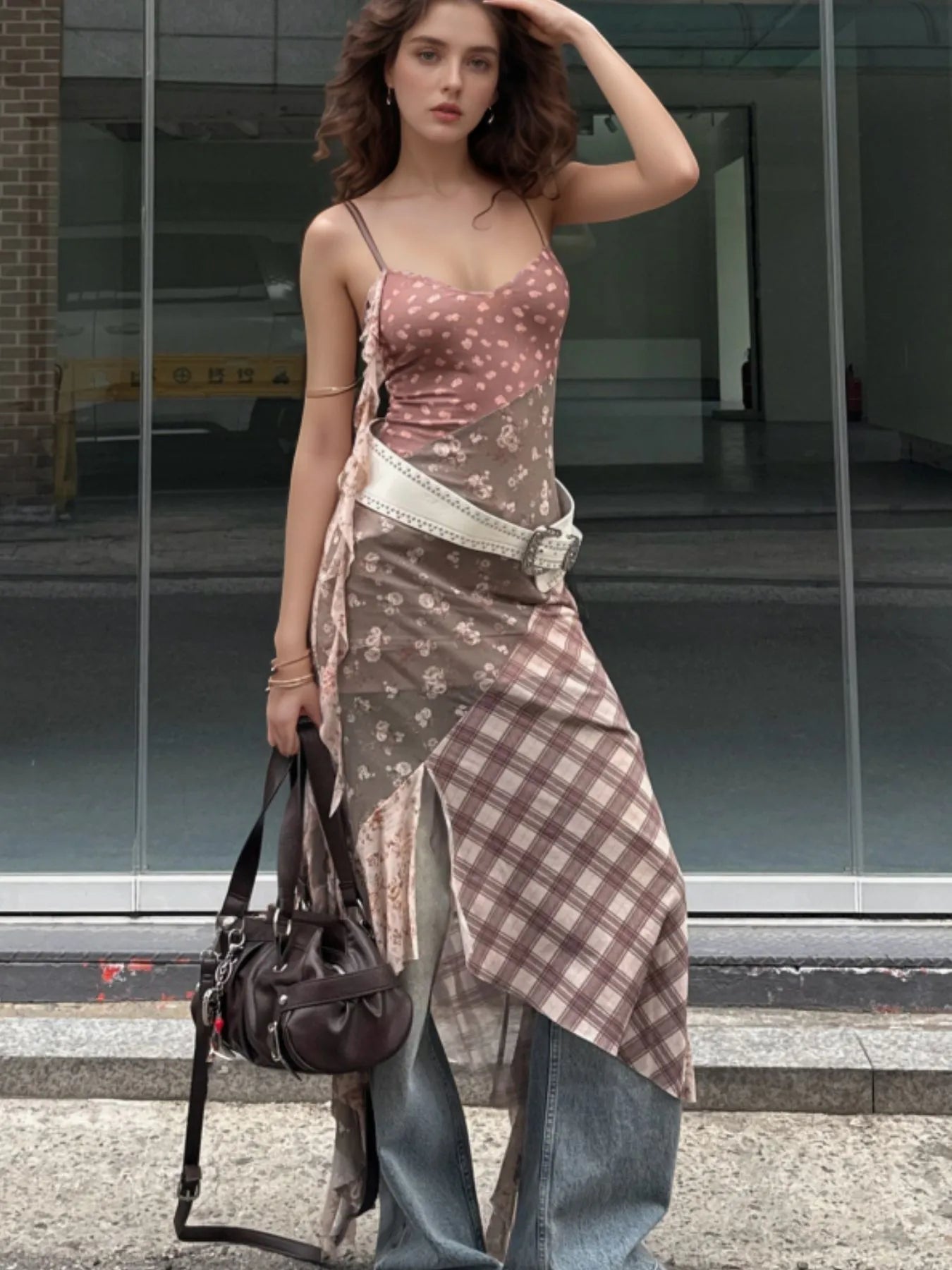 Asymmetric Plaid Detail Floral Print Cami Dress