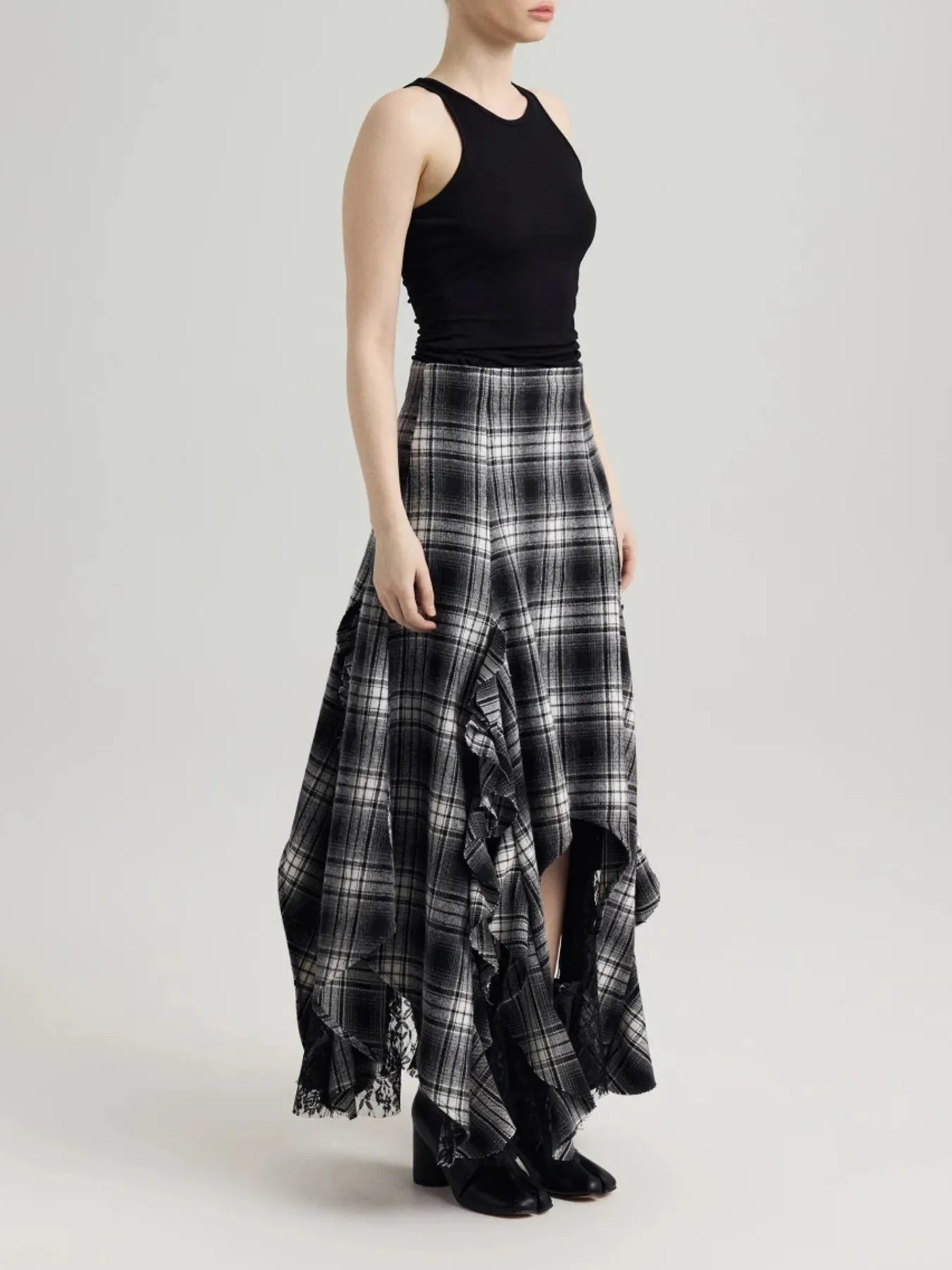 Asymmetrical Plaid Ruffle Midi Skirt
