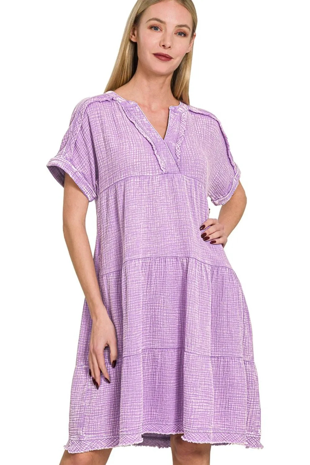 Zenana Washed Double Gauze Raw Edge Notched Dress