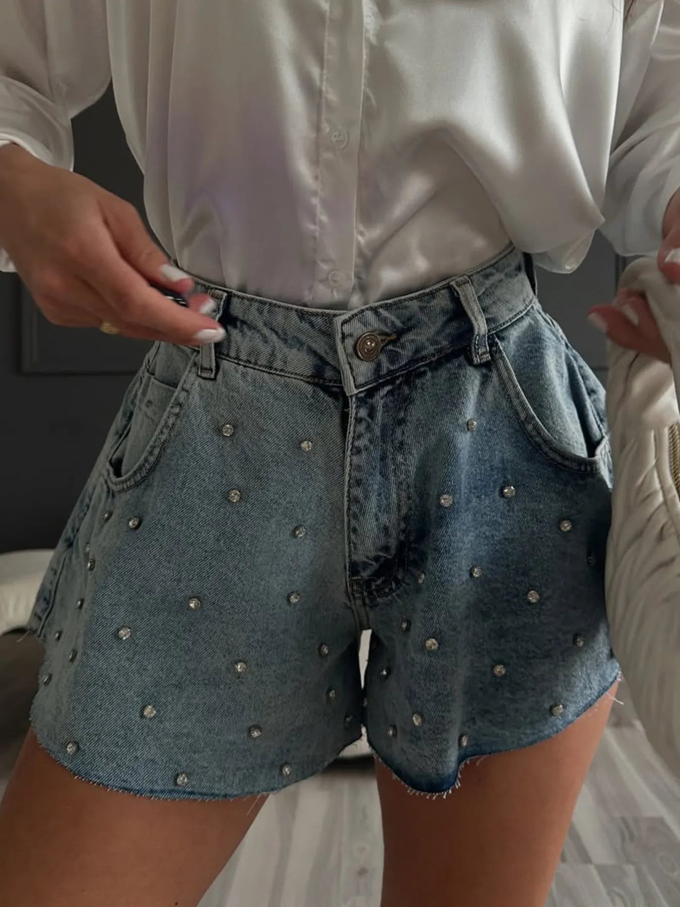 Rhinestone High Waist Denim Shorts
