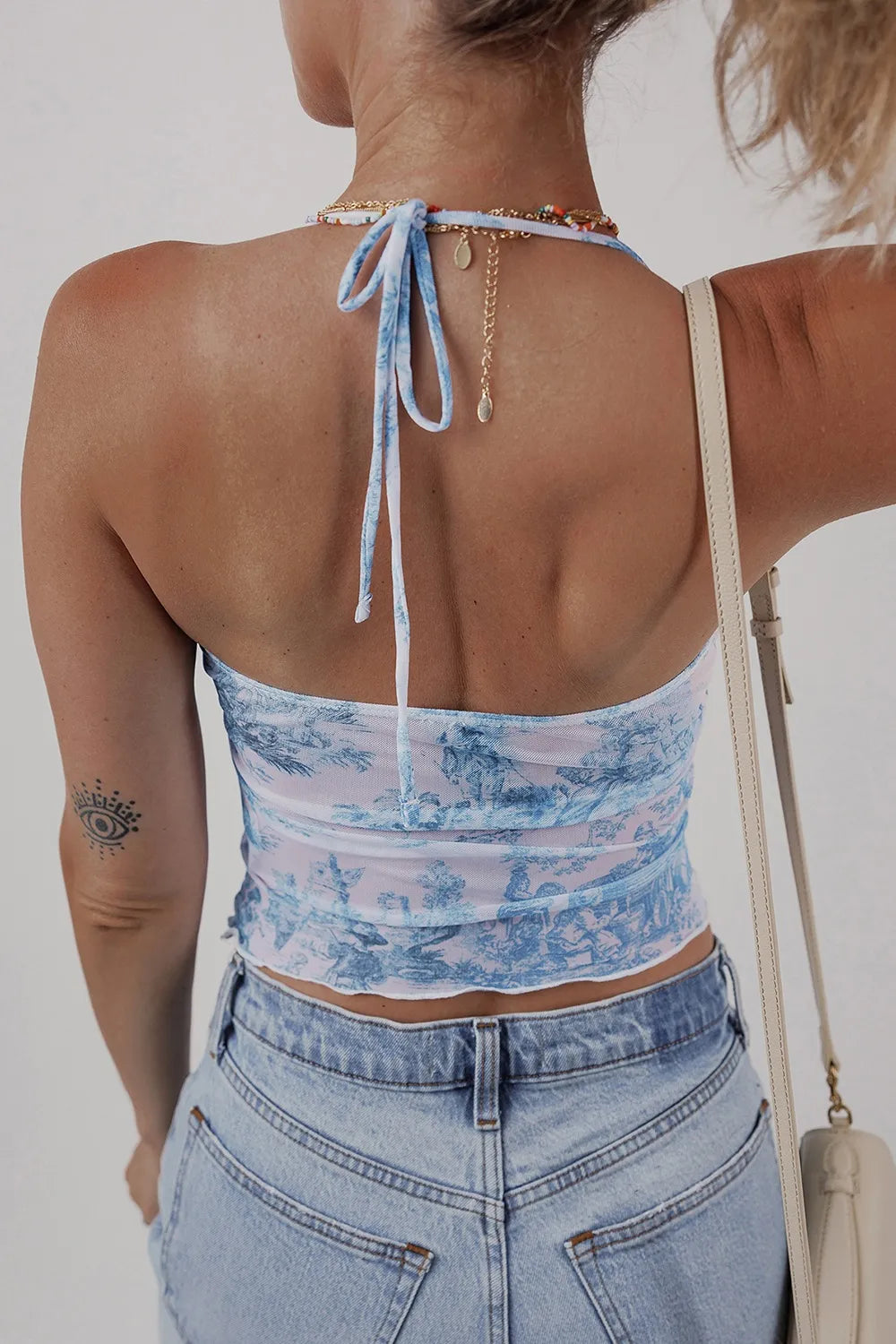 Printed Mesh Bow Detail Halter Neck Tank Top