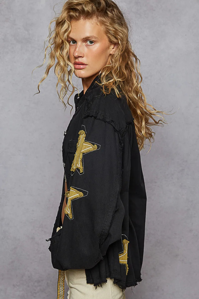 POL Star Patch Raw Hem Button Up Denim Jacket