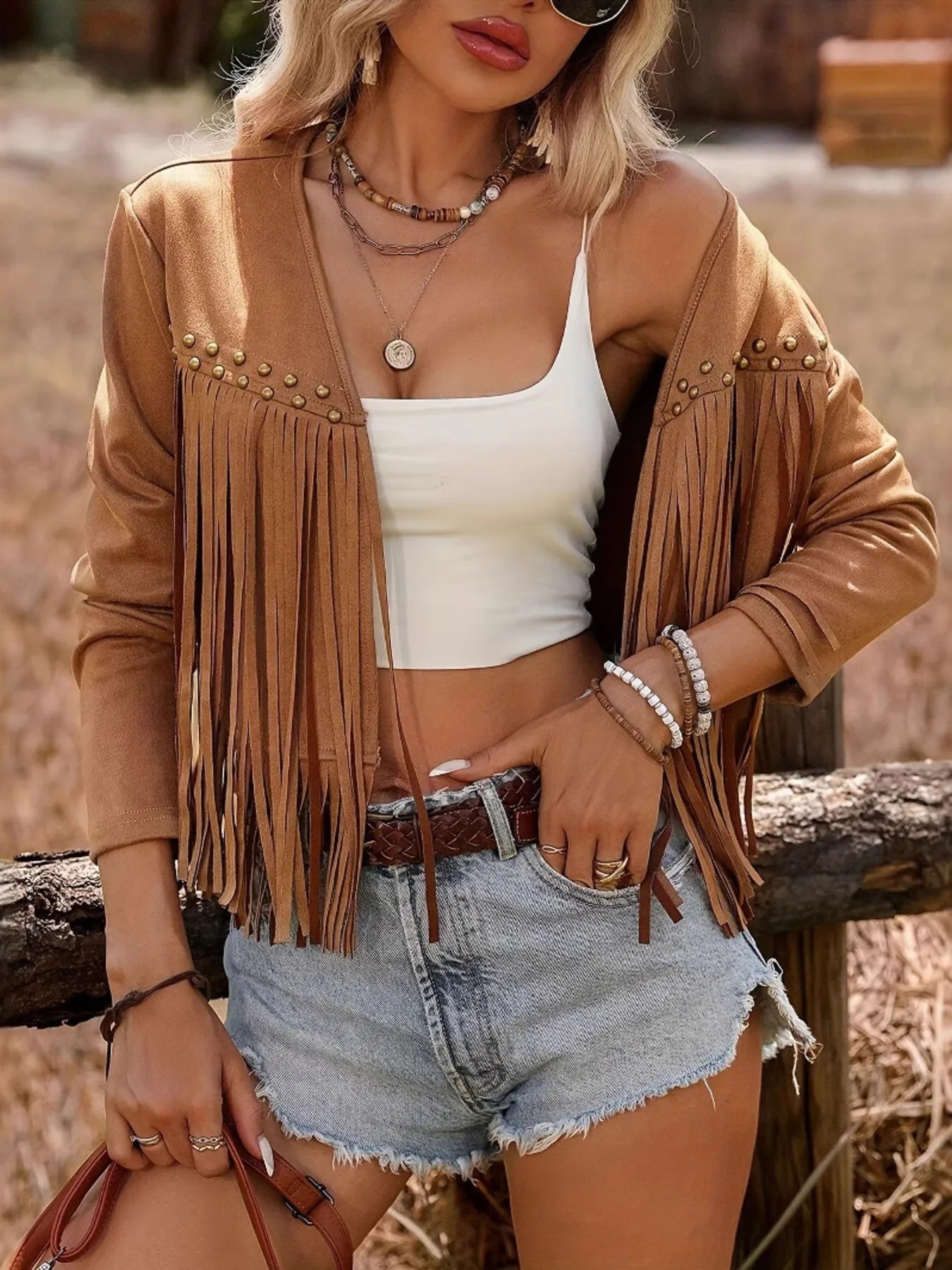 Fringe Studded Open Front Jacket