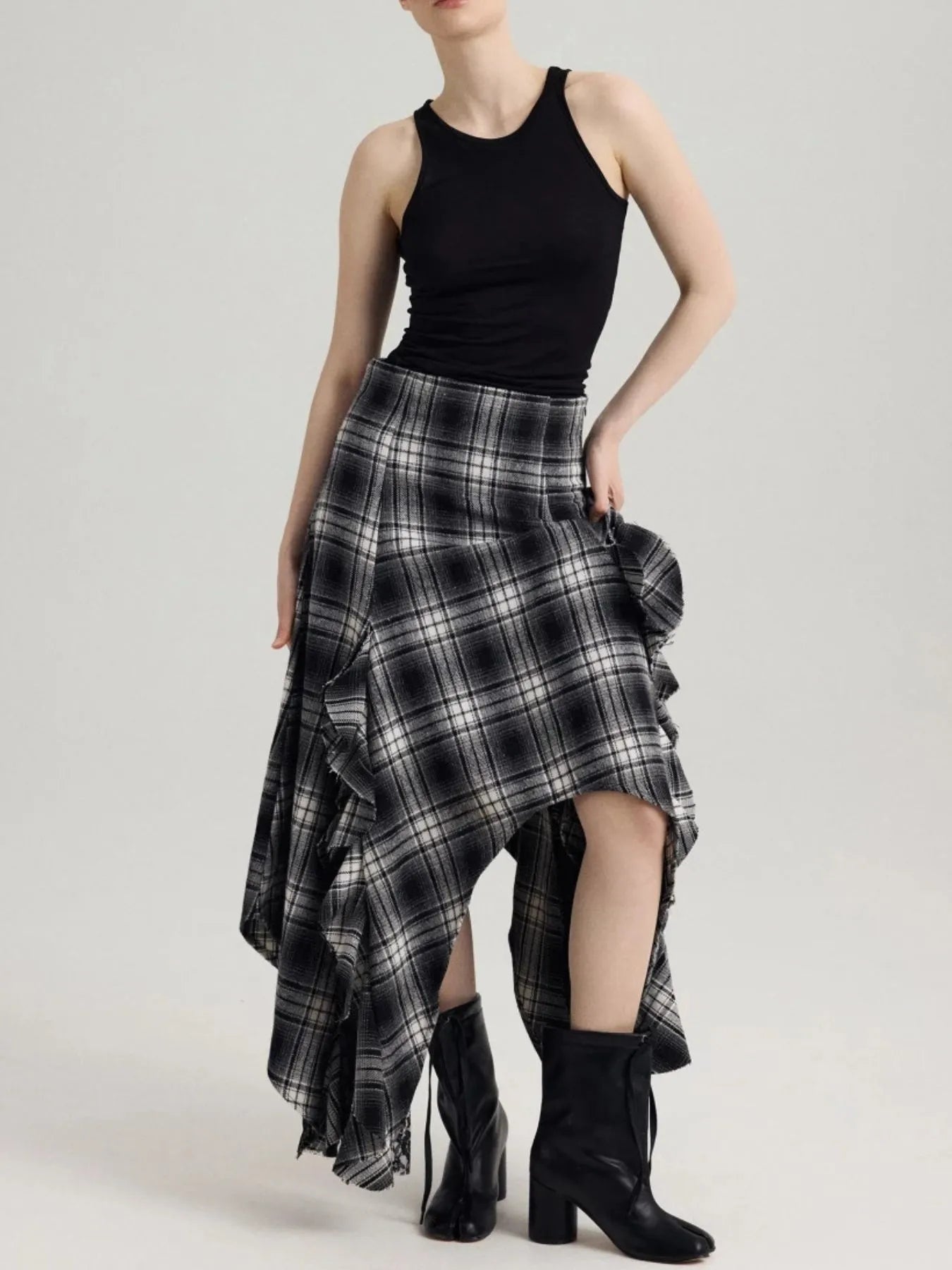 Asymmetrical Plaid Ruffle Midi Skirt