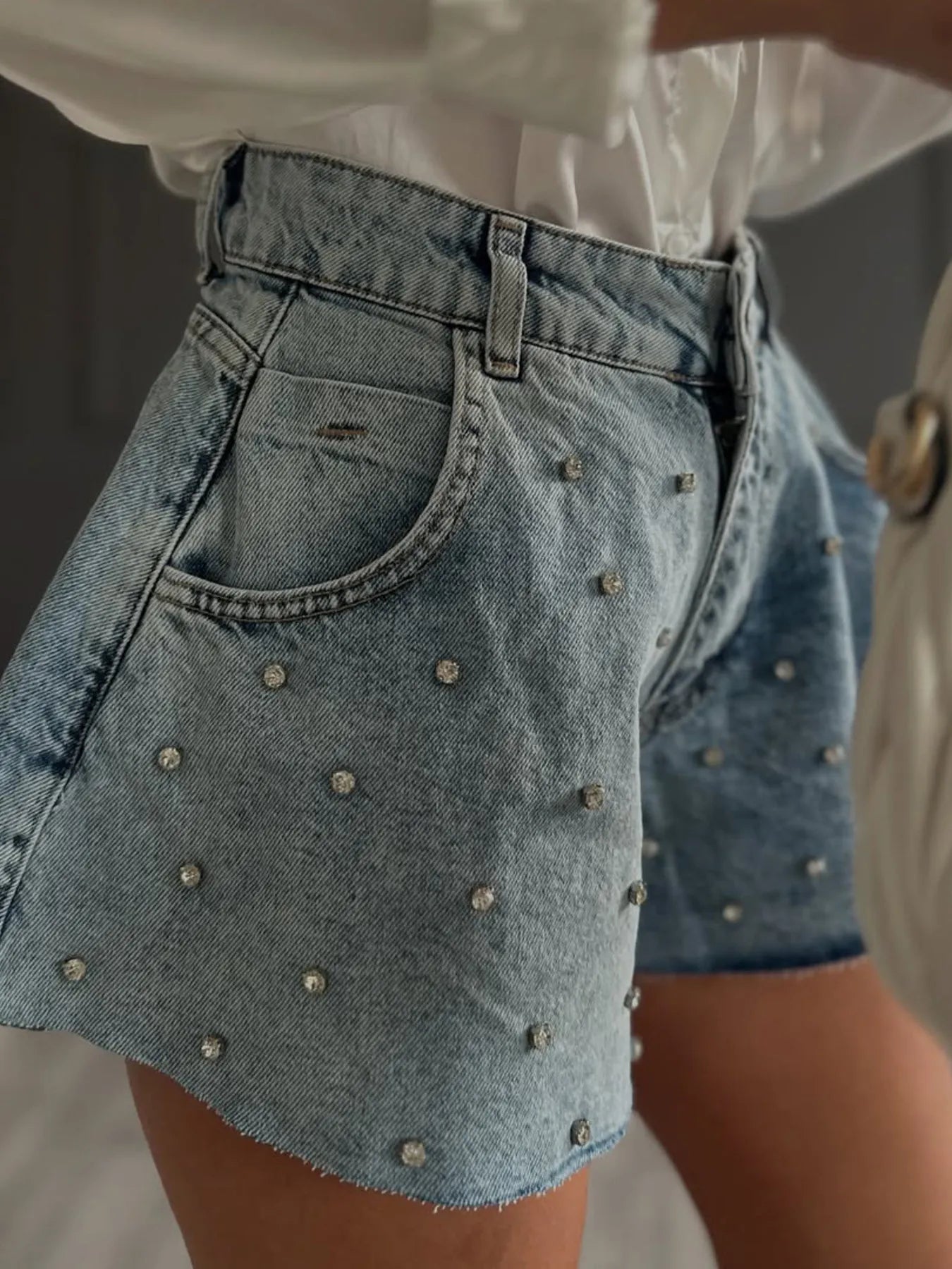 Rhinestone High Waist Denim Shorts